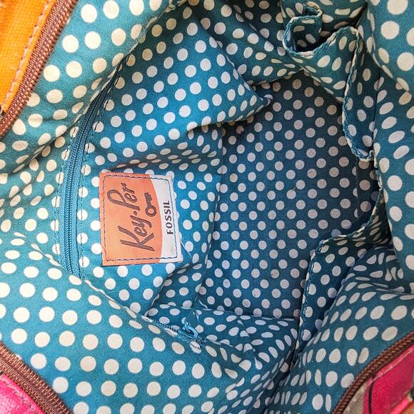 Vintage Fossil Key-Per Coated Canvas Fun Tan and Pink Print Medium Stachel Clean - Picture 10 of 13